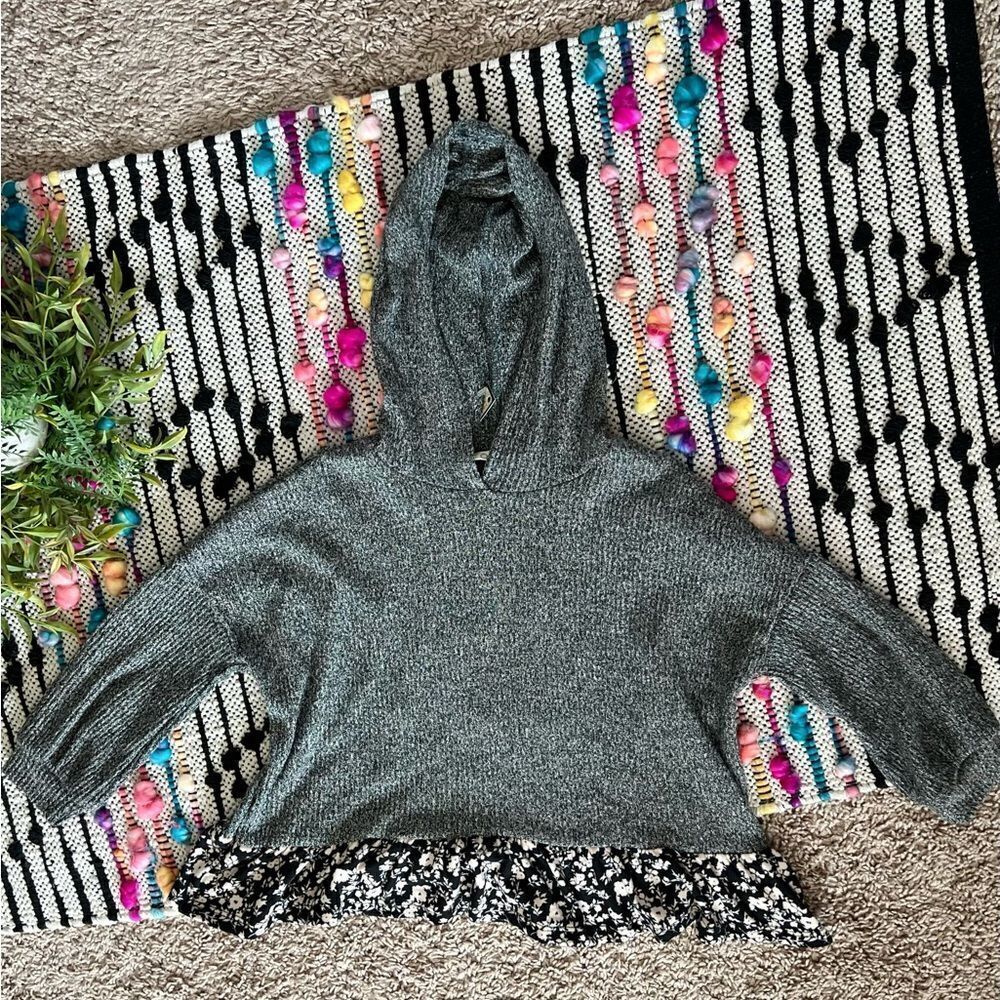 Oddi Boutique New Girls Grey Ribbed Hooded Blouse With Black Floral Ruffle Hem